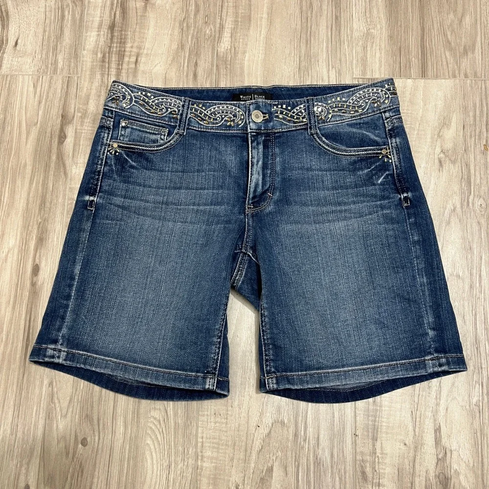 White House Black Market Embellished Denim Bermuda Shorts Sz 4 Jeweled Studded